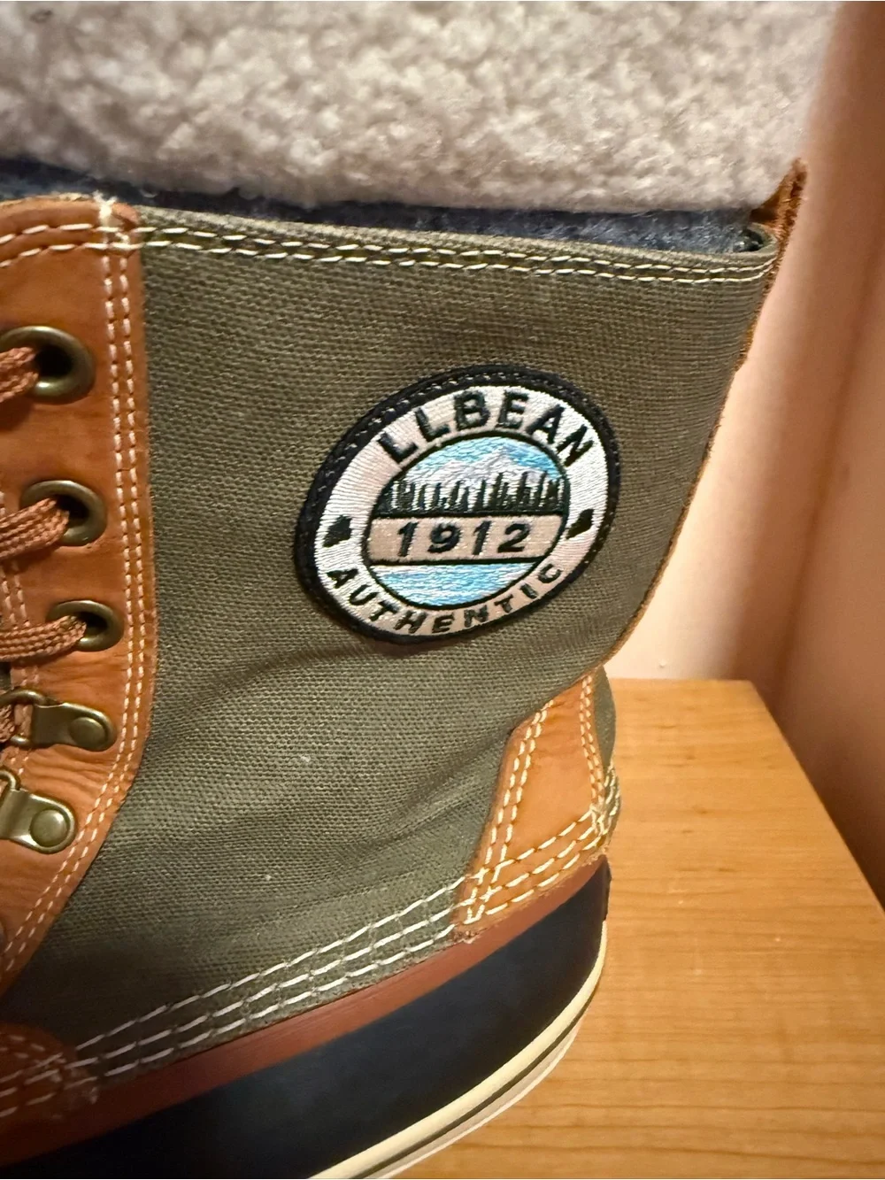 L.L. Bean Olive Green, Tan & Black Winter Boots with Shearling Collar